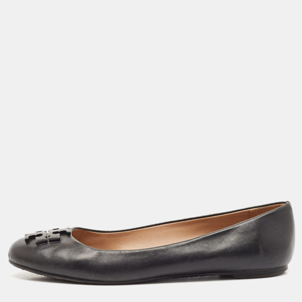 luxury-women-tory-burch-used-shoes-p1135094-003 Tory Burch Black Leather Logo Lowell Ballet Flats Size 37.5