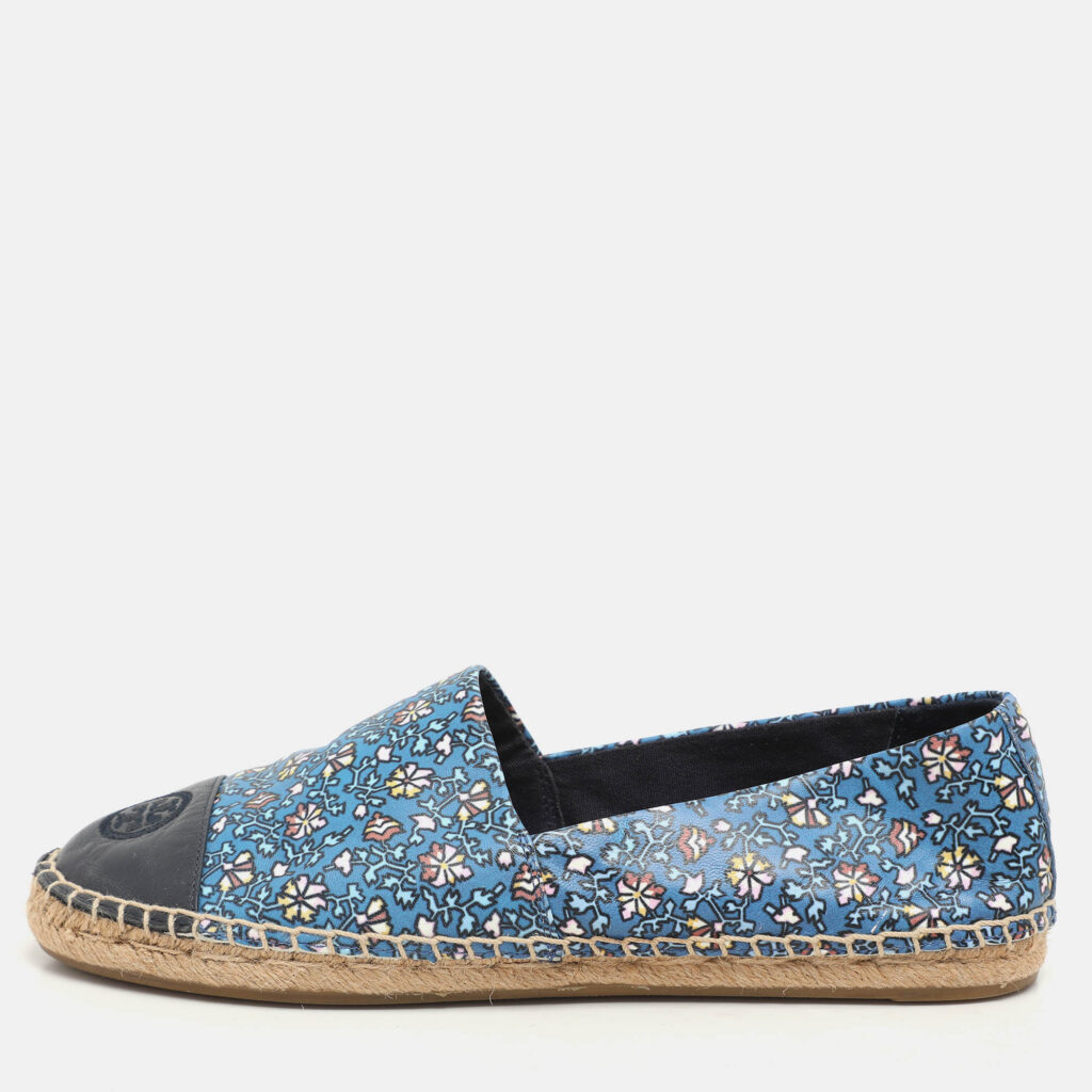 luxury-women-tory-burch-used-shoes-p1138984-010 Tory Burch Blue Floral Leather Logo Cap Toe Espadrille Flats Size 38.5