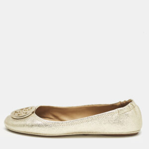 Tory Burch Gold Metallic Leather Reva Scrunch Ballet Flats Size 39.5