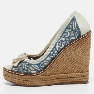 Tory Burch Blue/White Leather and Lace Jackie Wedge Pumps Size 35.5
