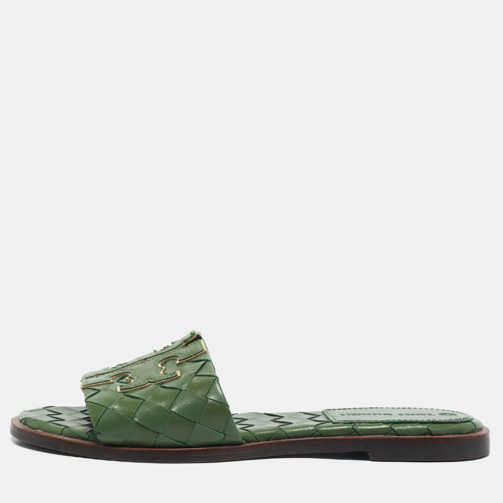 luxury-women-tory-burch-used-shoes-p1147025-002 Tory Burch Green Woven Leather Ines Flat Slides Size 36