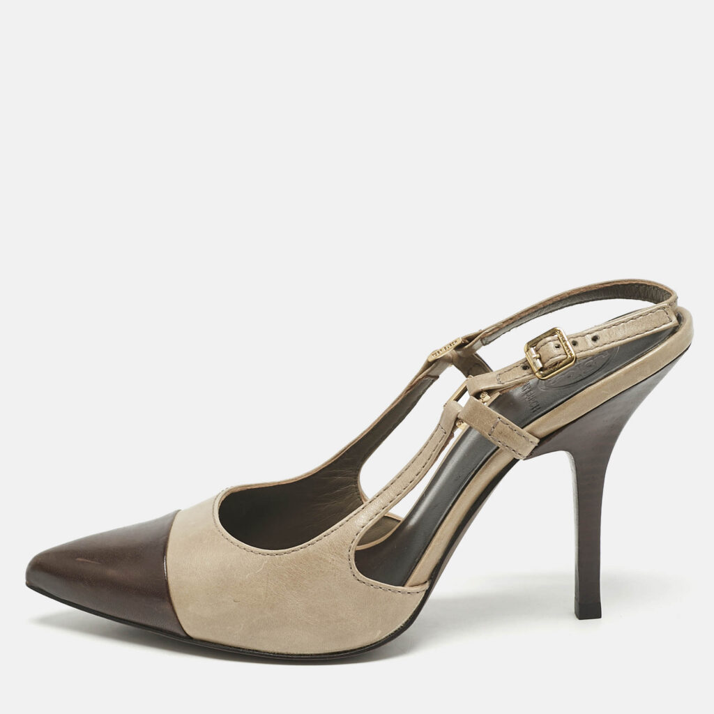 luxury-women-tory-burch-used-shoes-p1152173-011 Tory Burch Olive Green/Brown Leather Slingback Pumps Size 39