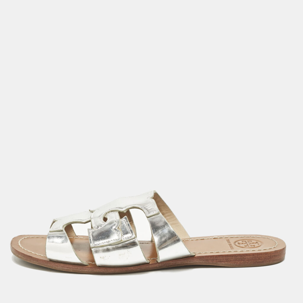 luxury-women-tory-burch-used-shoes-p1156597-001 Tory Burch Silver Leather Flat Sandals Size 37