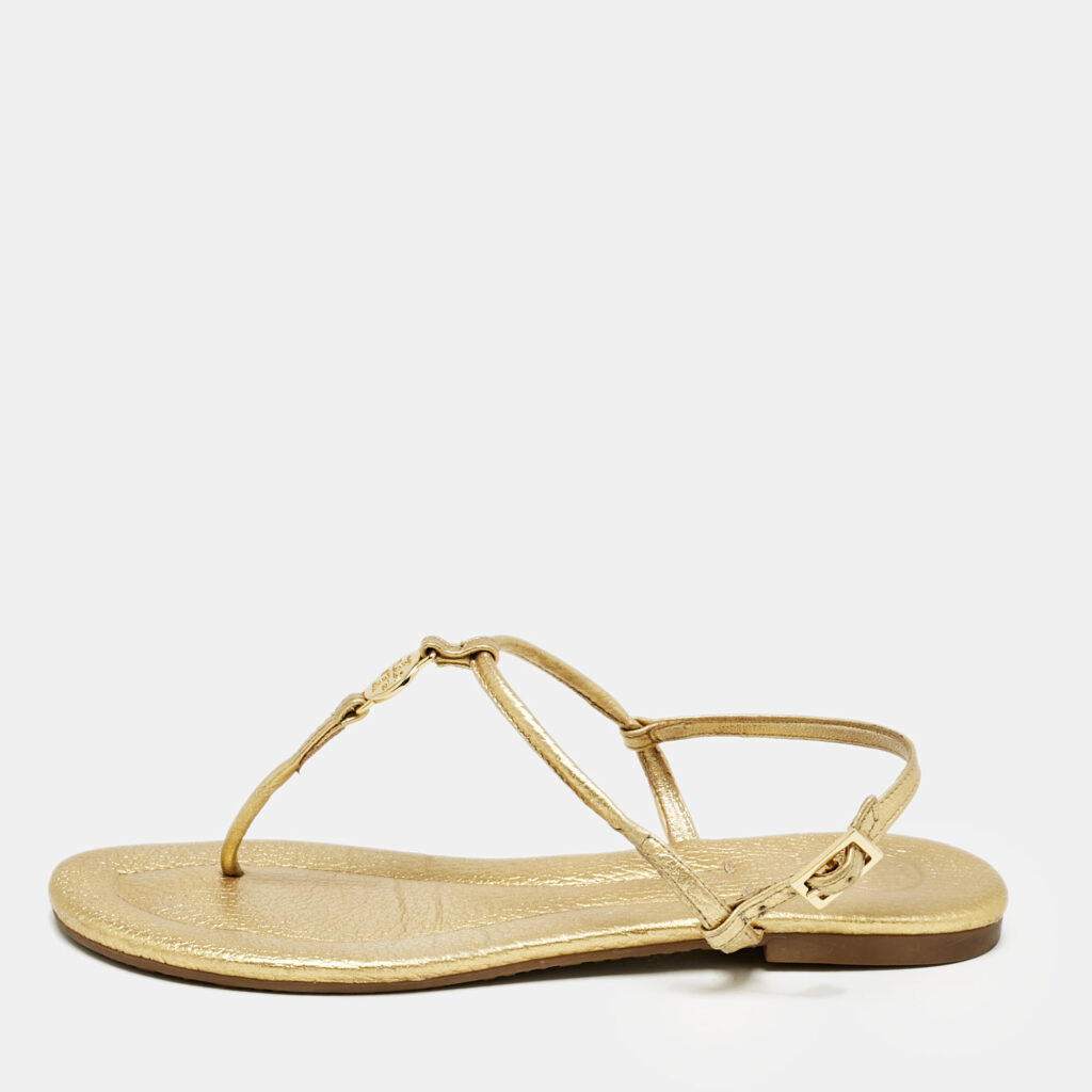 luxury-women-tory-burch-used-shoes-p1157923-001 Tory Burch Gold Leather Thong Slingback Flat Sandals Size 36