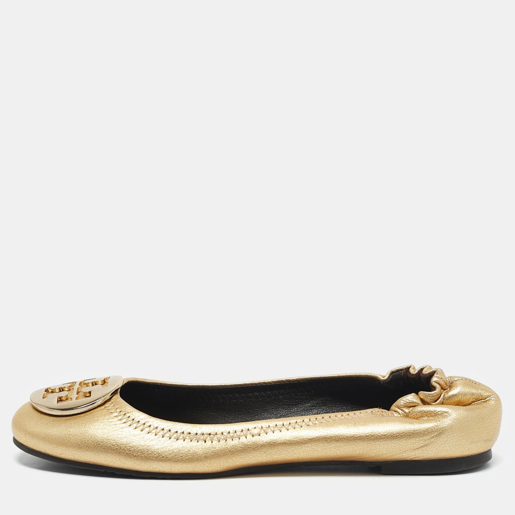 luxury-women-tory-burch-used-shoes-p1158093-009 Tory Burch Gold Leather Reva Scrunch Ballet Flats Size 37