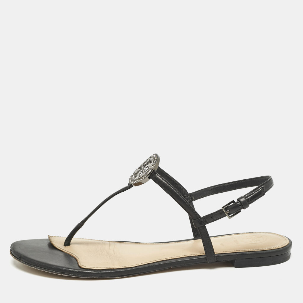 luxury-women-tory-burch-used-shoes-p1161330-007 Tory Burch Black Leather Logo Embellished Flat Thong Sandals Size 38