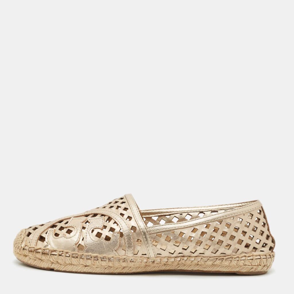 luxury-women-tory-burch-used-shoes-p1166532-003 Tory Burch Gold Leather Laser Cut Espadrille Flats Size 40