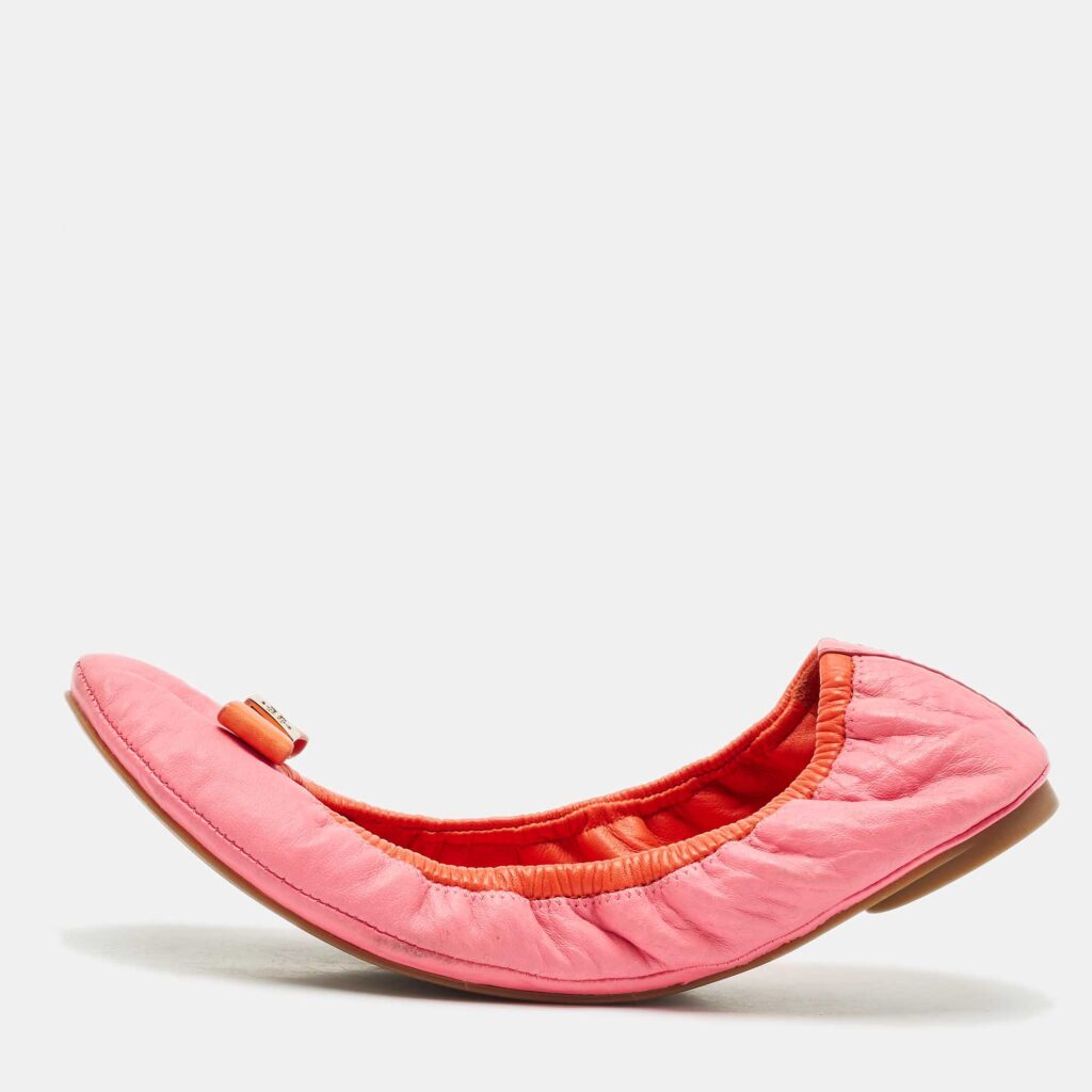 luxury-women-tory-burch-used-shoes-p1166540-003 Tory Burch Pink/Orange Leather Bow Scrunch Ballet Flats Size 38.5