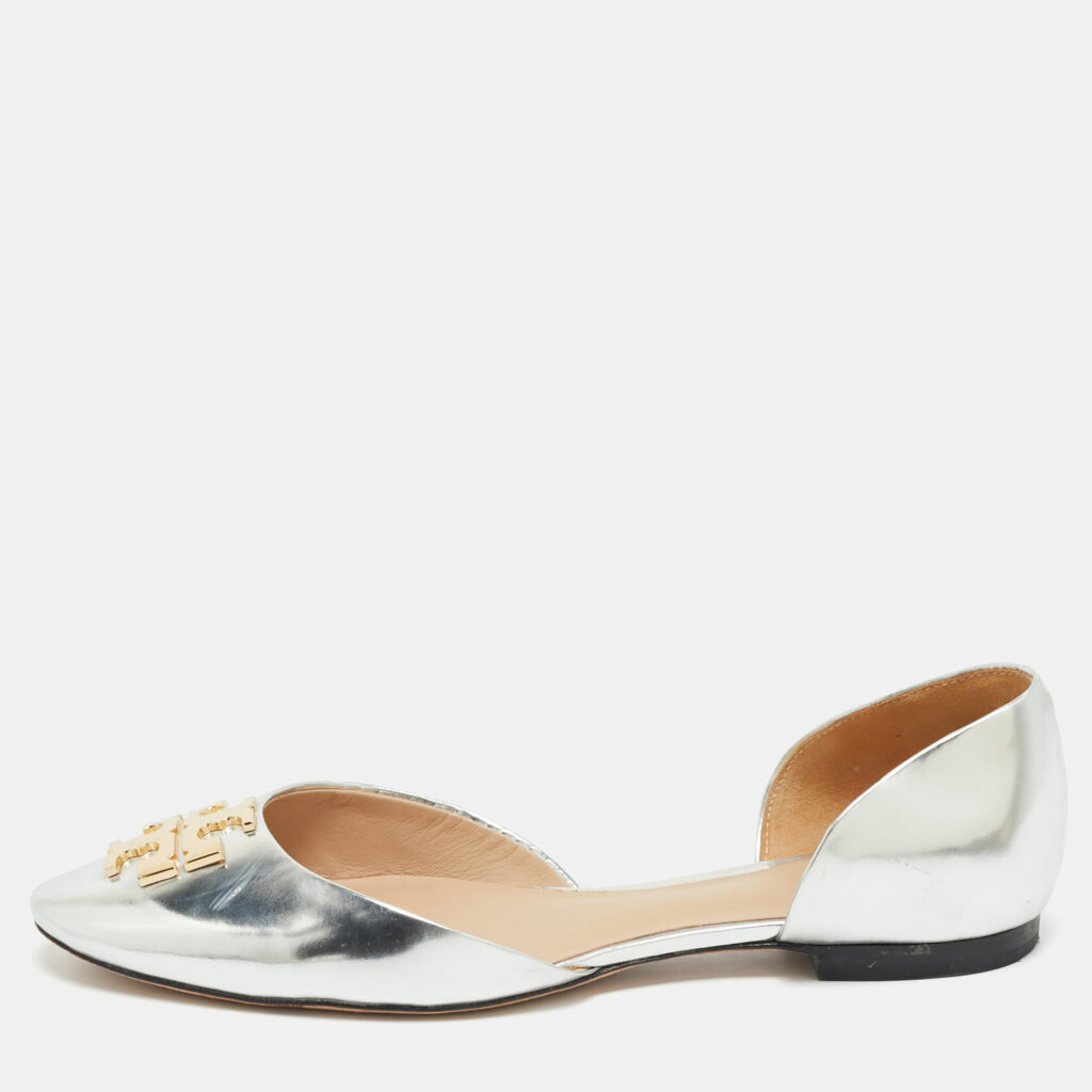 luxury-women-tory-burch-used-shoes-p1166555-008 Tory Burch Silver Leather Raleigh Flats Size 38.5