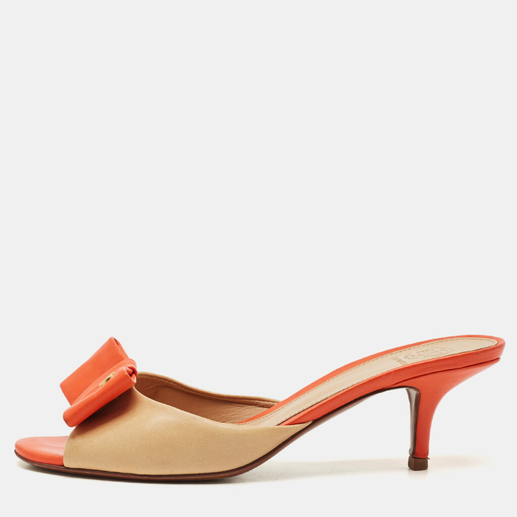 Tory Burch Beige/Orange Leather Bow Slide Sandals Size 39.5