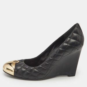 Tory Burch Black Quilted Leather Kaitlin Cap Toe Wedge Pumps Size 39