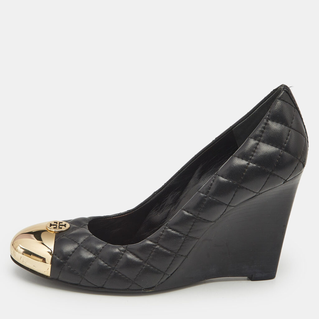 luxury-women-tory-burch-used-shoes-p1168161-003 Tory Burch Black Quilted Leather Kaitlin Cap Toe Wedge Pumps Size 39