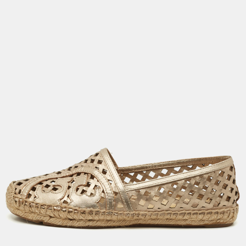 luxury-women-tory-burch-used-shoes-p1168927-001 Tory Burch Gold Perforated Leather Espadrille Flats Size 36.5