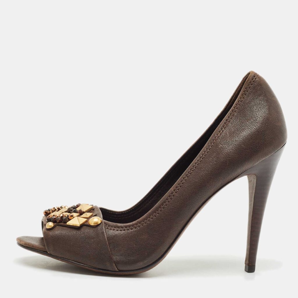 luxury-women-tory-burch-used-shoes-p1169093-003 Tory Burch Dark Brown Leather Embellished Open Toe Pumps Size 41