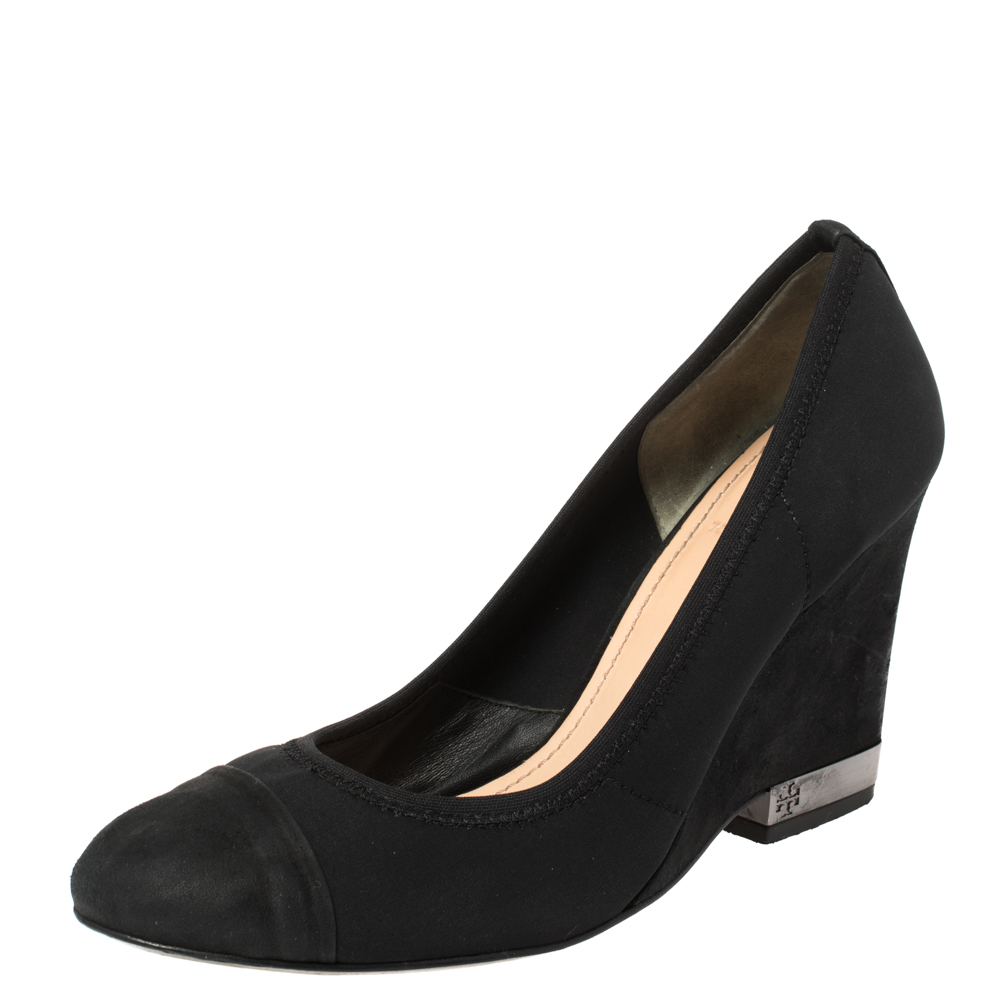 luxury-women-tory-burch-used-shoes-p366681-007 Tory Burch Black Suede Leather Cap Toe Wedge Heel Pumps Size 36.5