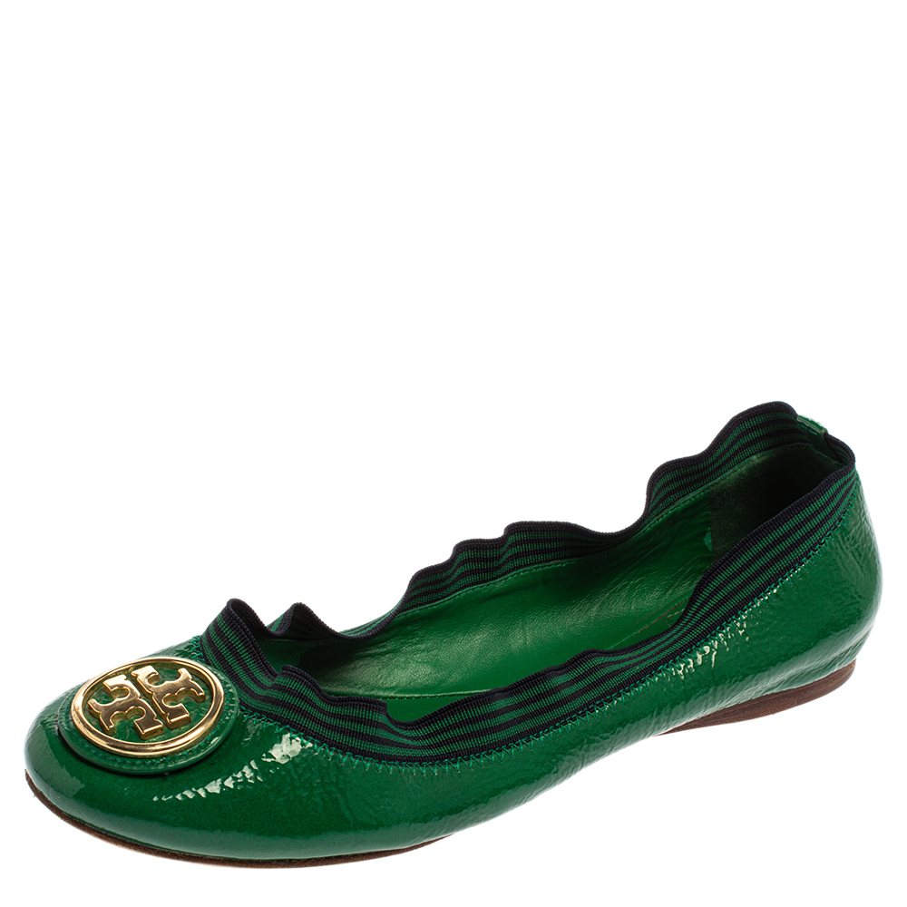 luxury-women-tory-burch-used-shoes-p367894-006 Tory Burch Green Patent Leather Caroline Ballet Flats Size 38.5