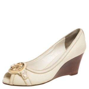 Tory Burch Off White Leather Logo Embellished Wedge Pumps Size 37