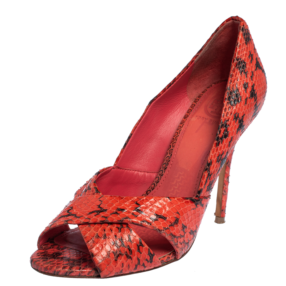 luxury-women-tory-burch-used-shoes-p411519-004 Tory Burch Red Snakeskin Peep Toe Pumps Size 36