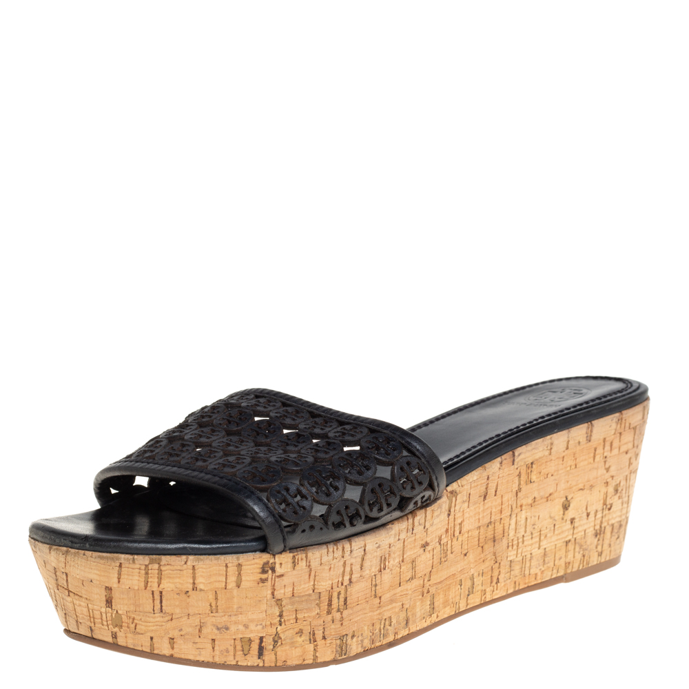 luxury-women-tory-burch-used-shoes-p423036-007 Tory Burch Black Laser Cut Leather Slide Wedge Sandals Size 40.5