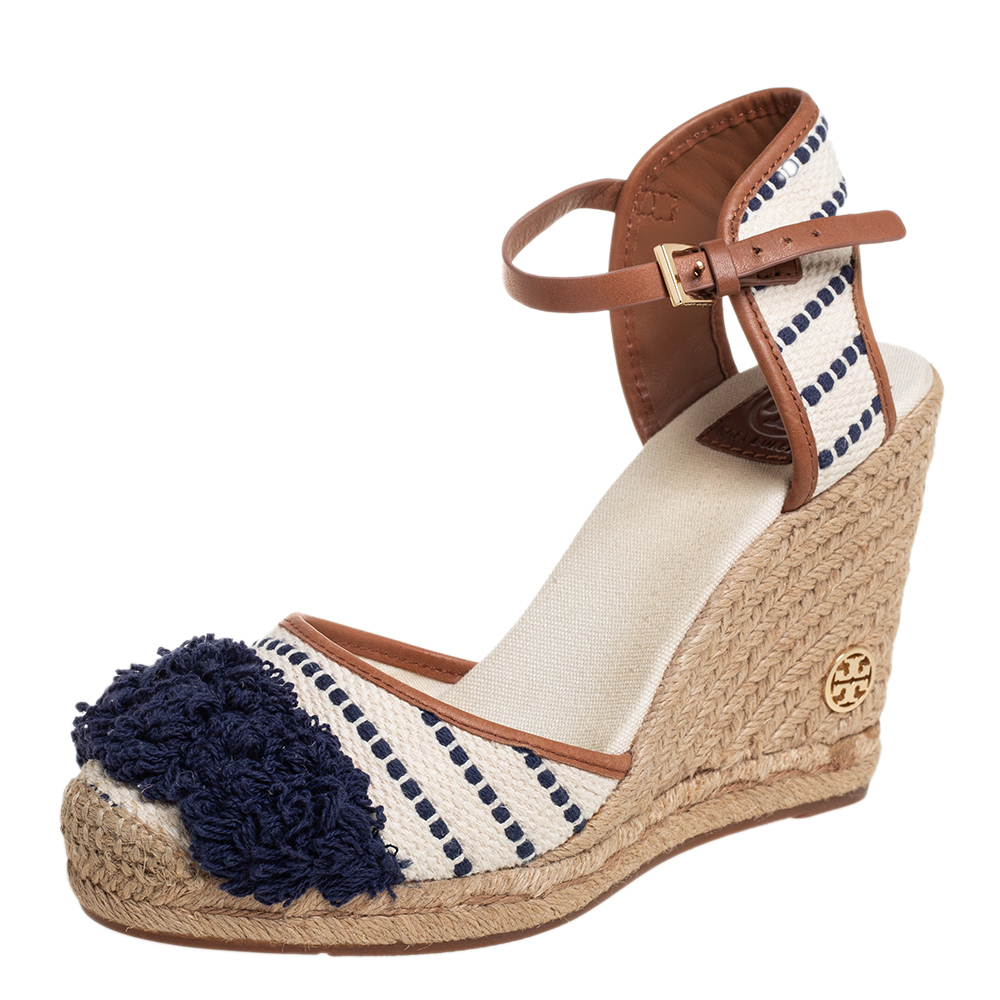 luxury-women-tory-burch-used-shoes-p444832-007 Tory Burch Multicolor Canvas And Leather Trim Wedge Espadrille Ankle Strap Sandals Size 40