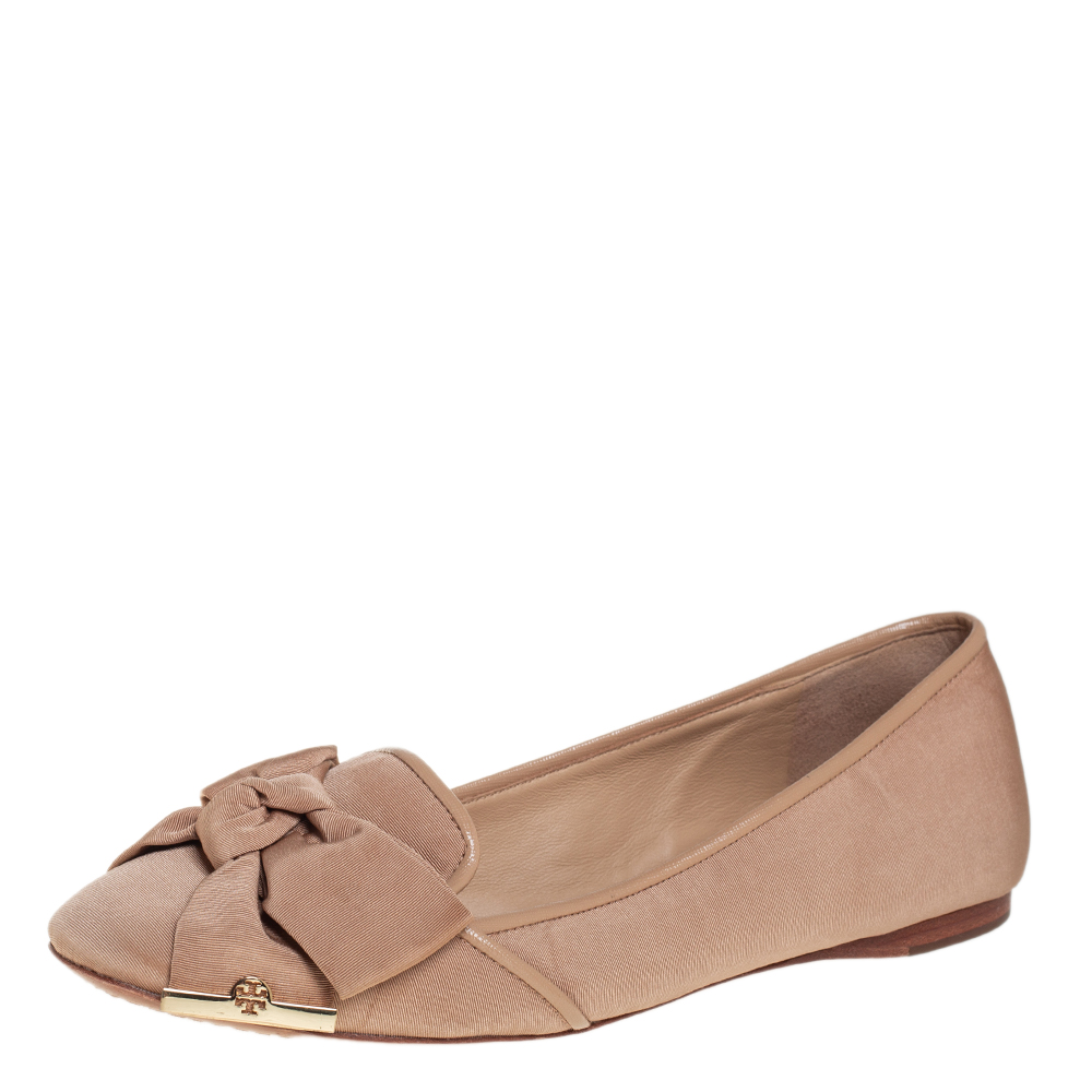 luxury-women-tory-burch-used-shoes-p457156-002 Tory Burch Metallic Beige Fabric Bow Ballet Flats Size 40