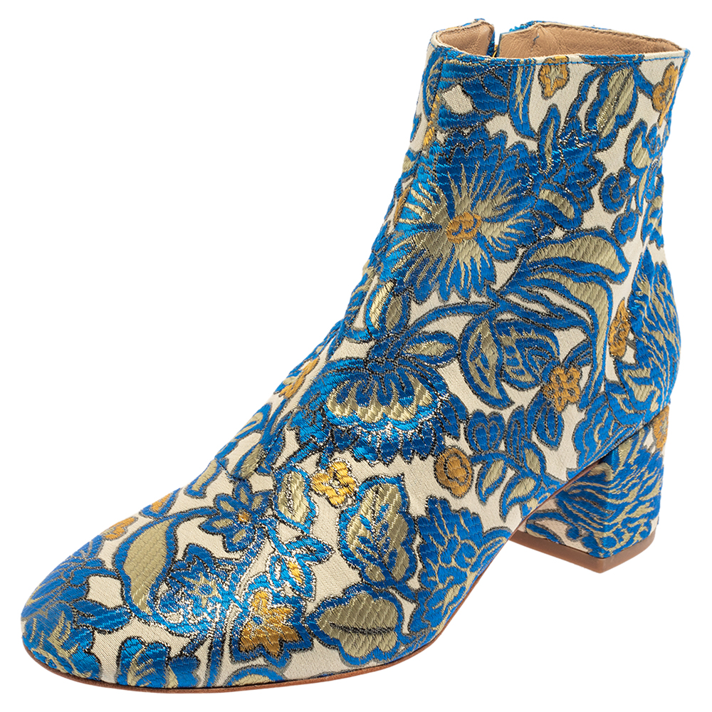 luxury-women-tory-burch-used-shoes-p459486-002 Tory Burch Multicolor Brocade Fabric Block Heel Ankle Boots Size 36