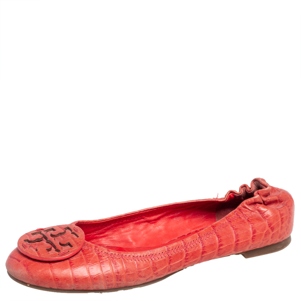 luxury-women-tory-burch-used-shoes-p472136-003 Tory Burch Orange Croc Embossed Leather Minnie Travel Ballet Flats Size 36