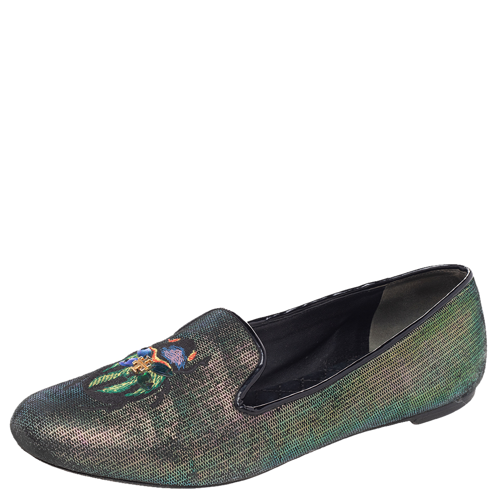 luxury-women-tory-burch-used-shoes-p487499-003 Tory Burch Multicolor Iridescent Leather Beetle Embroidered Smoking Slippers Size 38.5