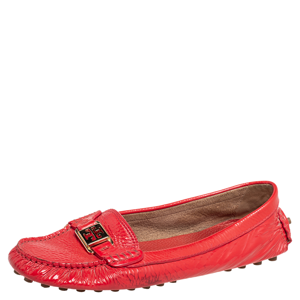 luxury-women-tory-burch-used-shoes-p490182-007 Tory Burch Red Crinkled Patent Leather Driving Loafers Size 40