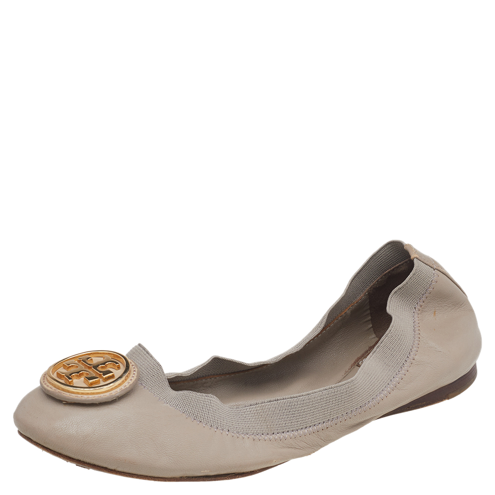 luxury-women-tory-burch-used-shoes-p517370-002-2 Tory Burch Grey Leather Carolina Scrunch Ballet Flats Size 37