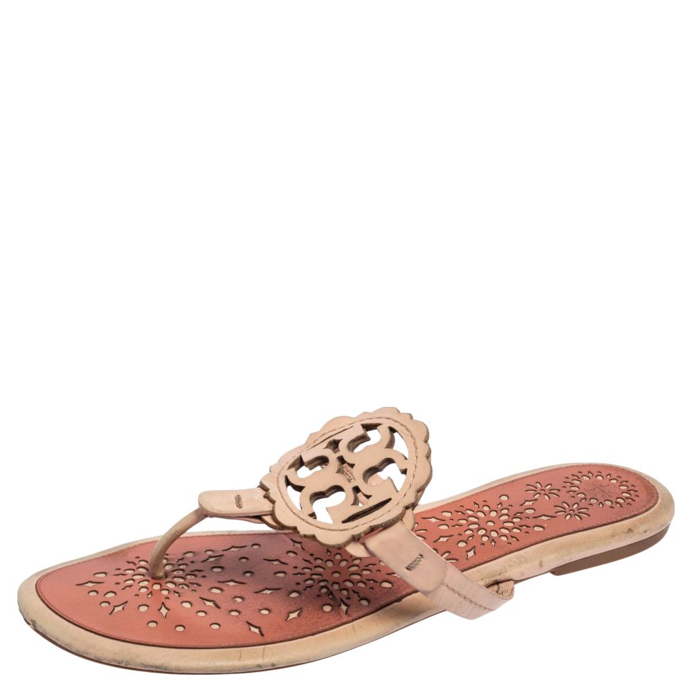 luxury-women-tory-burch-used-shoes-p521748-007 Tory Burch Pink Leather Mini Miller Thong Flat Sandals Size 41