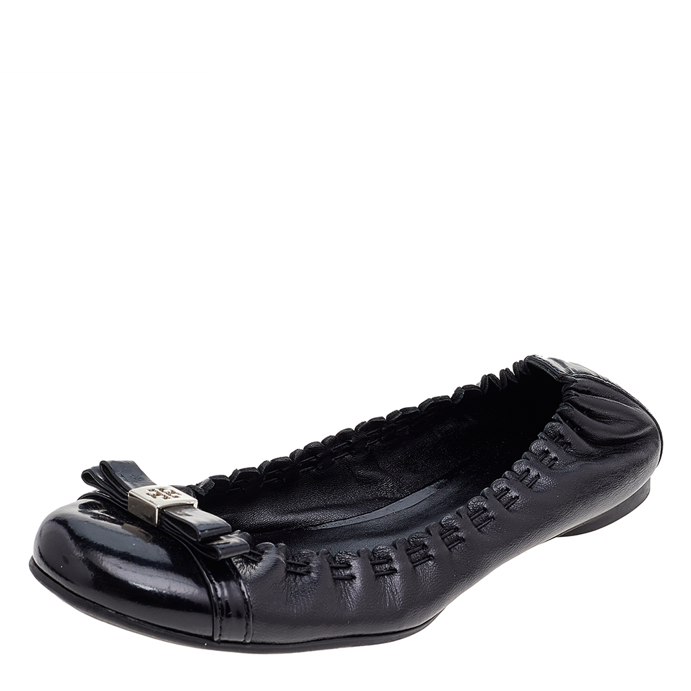 luxury-women-tory-burch-used-shoes-p541092-004-2 Tory Burch Black Leather Cap Toe Scrunch Ballet Flats Size 36