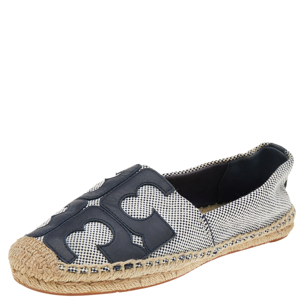 luxury-women-tory-burch-used-shoes-p551366-004-1 Tory Burch Black/White Canvas And Leather Logo Lonnie Espadrilles Flats Size 37