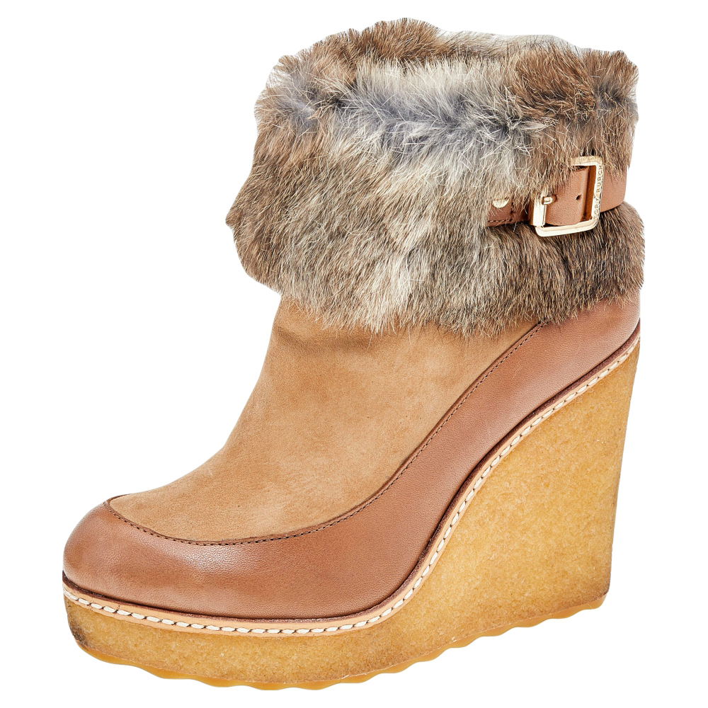 luxury-women-tory-burch-used-shoes-p562318-003-2 Tory Burch Tan Leather, Suede And Fur Wedge Ankle Boots Size 37