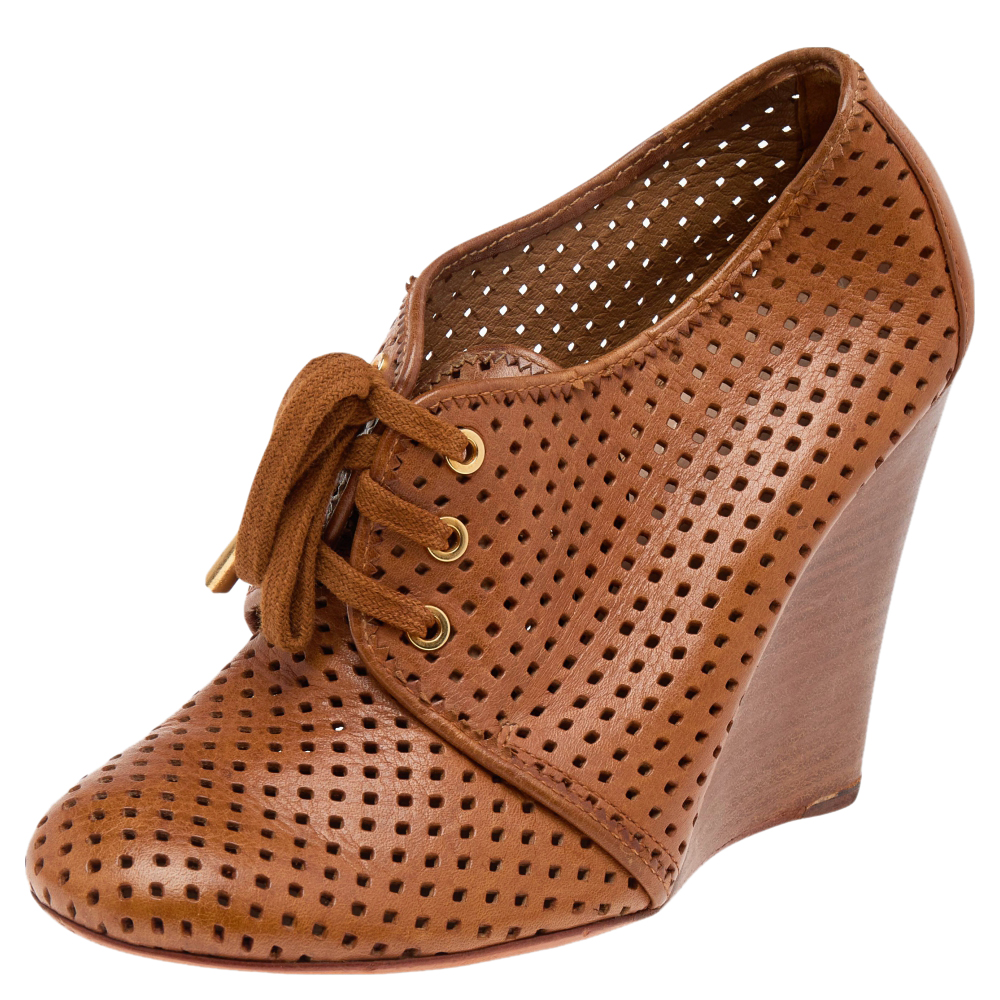 luxury-women-tory-burch-used-shoes-p565906-008-1 Tory Burch Brown Perforated Leather Wedge Sneakers Size 38.5