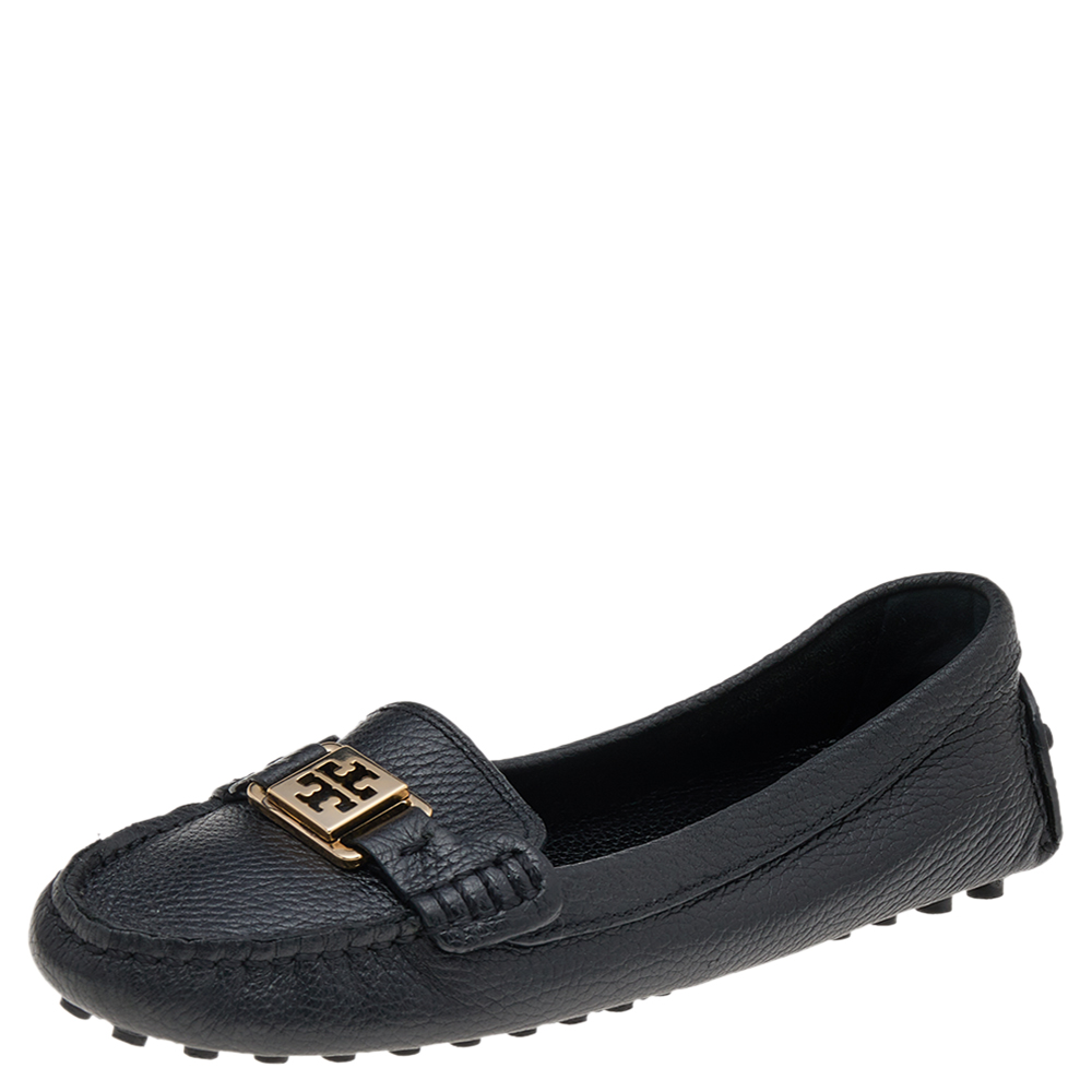 Tory Burch Black Leather Slip On Loafers Size 38