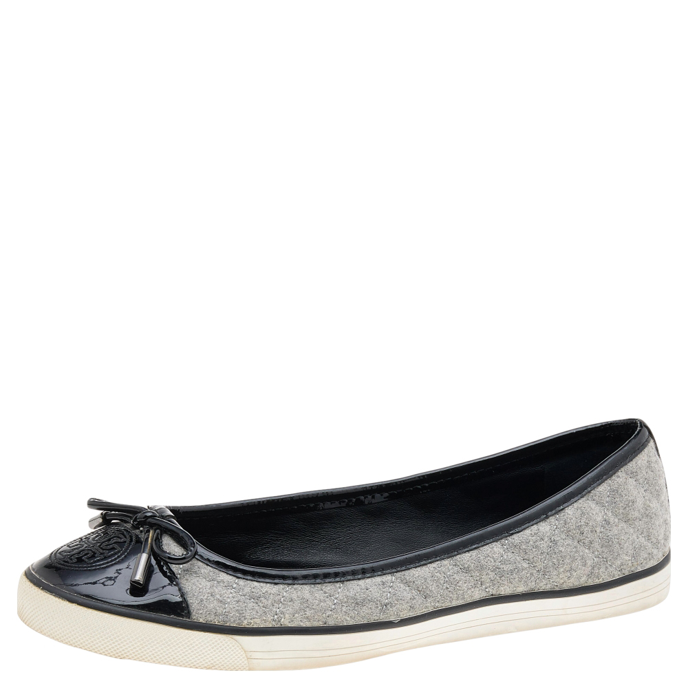 luxury-women-tory-burch-used-shoes-p596941-007-2 Tory Burch Grey Wool And Patent Leather Flats Size 37.5