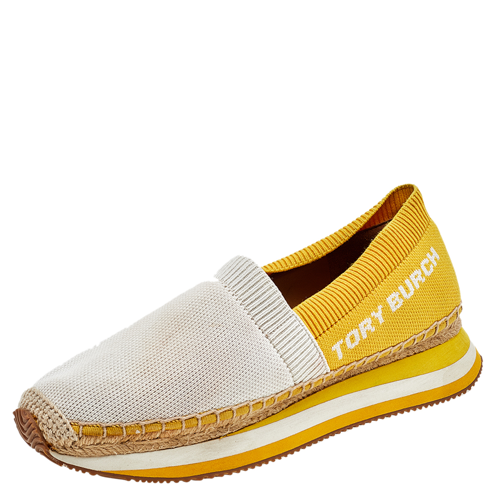 luxury-women-tory-burch-used-shoes-p597354-001-2 Tory Burch White/Yellow Knit Fabric Daisy Espadrille Slip On Sneakers Size 38.5