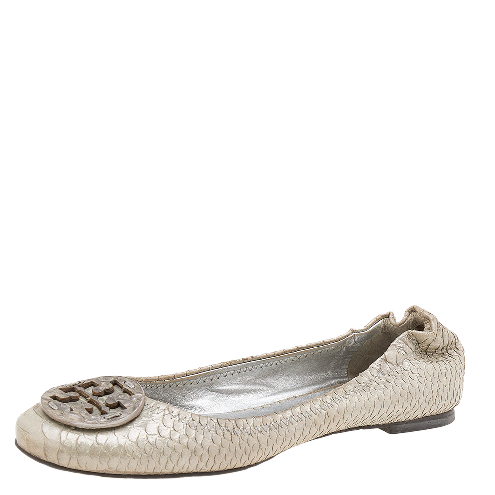 luxury-women-tory-burch-used-shoes-p611207-006-2 Tory Burch Silver Python Embossed Leather Reva Ballet Flats Size 38.5