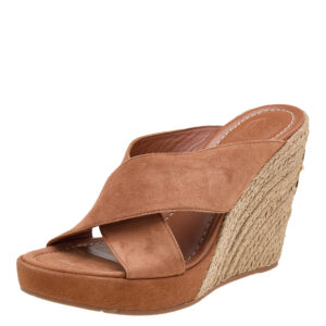 Tory Burch Brown Suede Criss Cross Wedge Platform Slide Sandals Size 39.5
