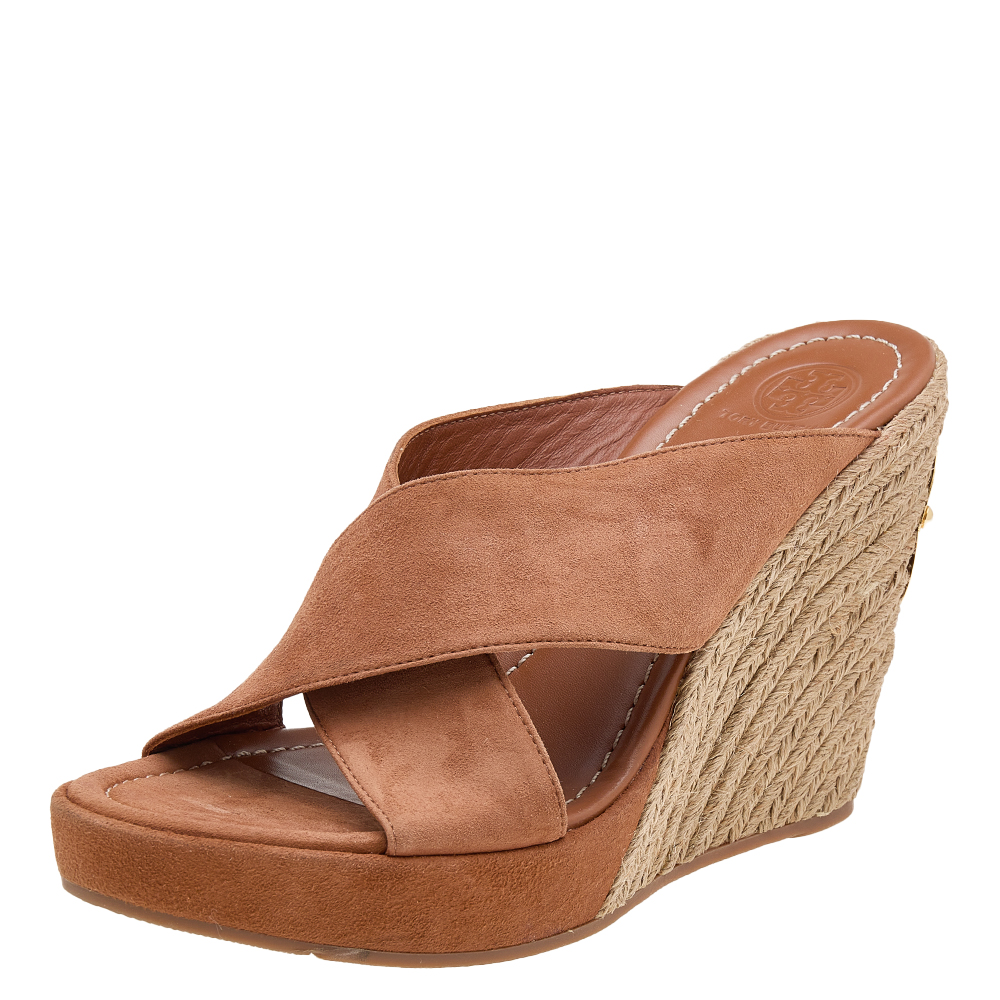 luxury-women-tory-burch-used-shoes-p611335-005-2 Tory Burch Brown Suede Criss Cross Wedge Platform Slide Sandals Size 39.5