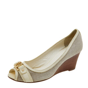 Tory Burch Grey/Cream Canvas And Leather Wedge Peep Toe Pumps Size 37.5