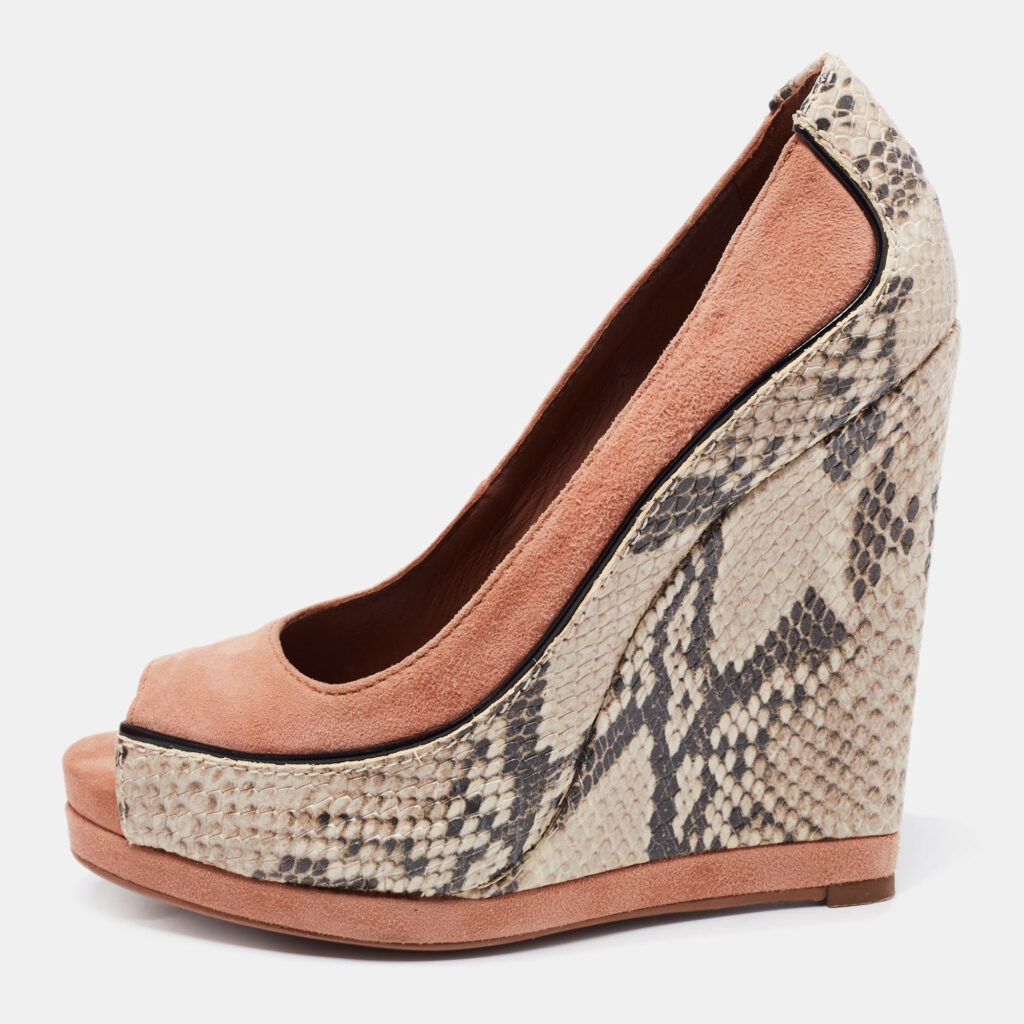 luxury-women-tory-burch-used-shoes-p659520-004 Tory Burch Beige Suede And Python Embossed Leather Sandra Wedge Platform Pumps Size 35