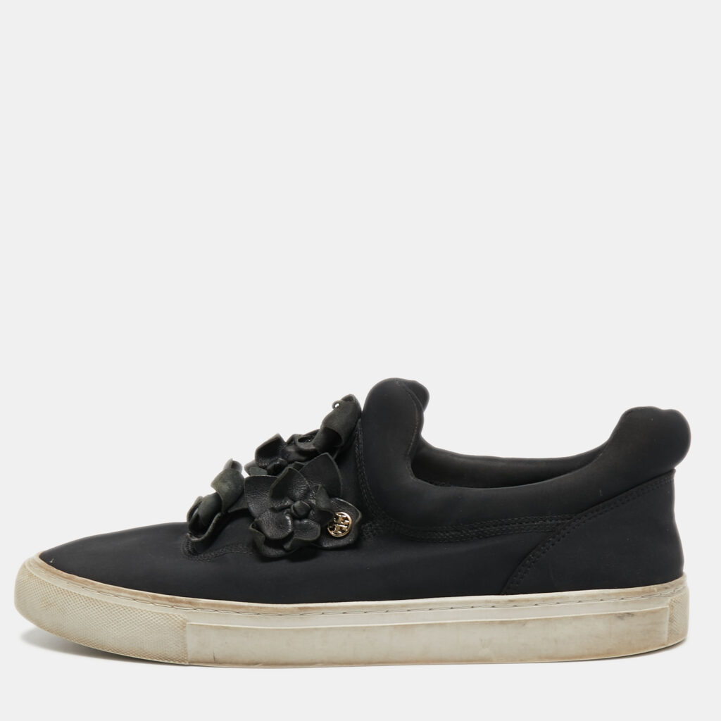 luxury-women-tory-burch-used-shoes-p761864-001 Tory Burch Black Neoprene and Leather Blossom Applique Slip On Sneakers Size 40.5