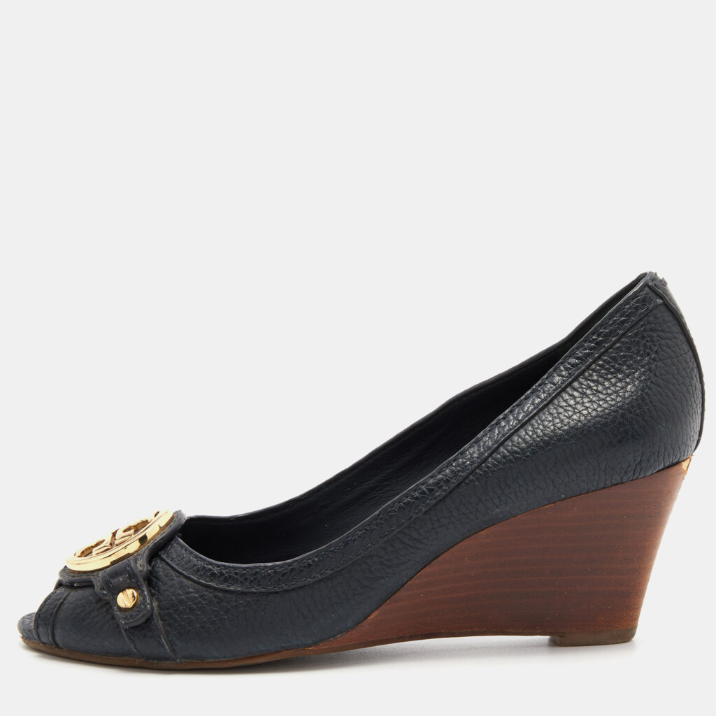 luxury-women-tory-burch-used-shoes-p774411-005 Tory Burch Navy Blue Leather Leticia Peep Toe Wedge Pumps Size 37.5
