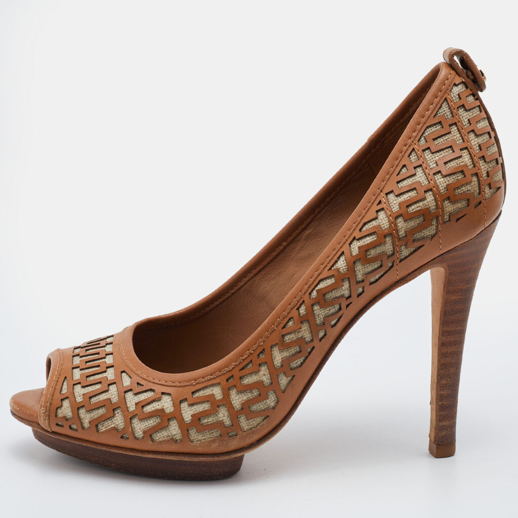 luxury-women-tory-burch-used-shoes-p777486-005 Tory Burch Brown Leather Regan High Heel Peep Toe Pumps Size 38