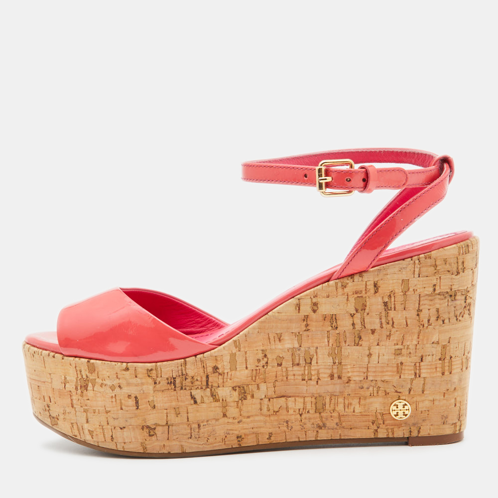 luxury-women-tory-burch-used-shoes-p801619-001 Tory Burch Pink Patent Leather Dahlia Cork Platform Wedge Sandals Size 38.5
