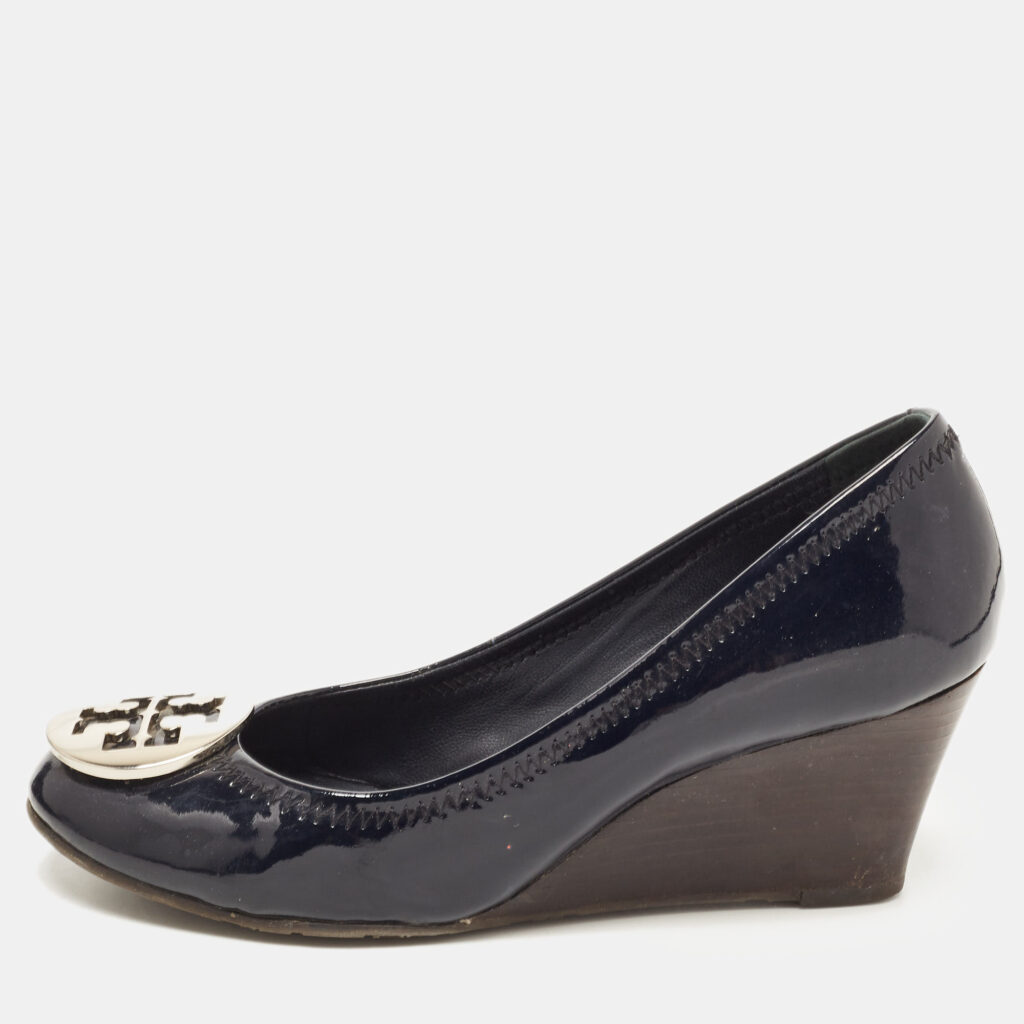 luxury-women-tory-burch-used-shoes-p835361-001 Tory Burch Navy Blue Patent Leather Wedge Pumps Size 36.5