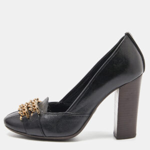Tory Burch Black Leather Hana Metal Chain Block Heel Pumps Size 38.5