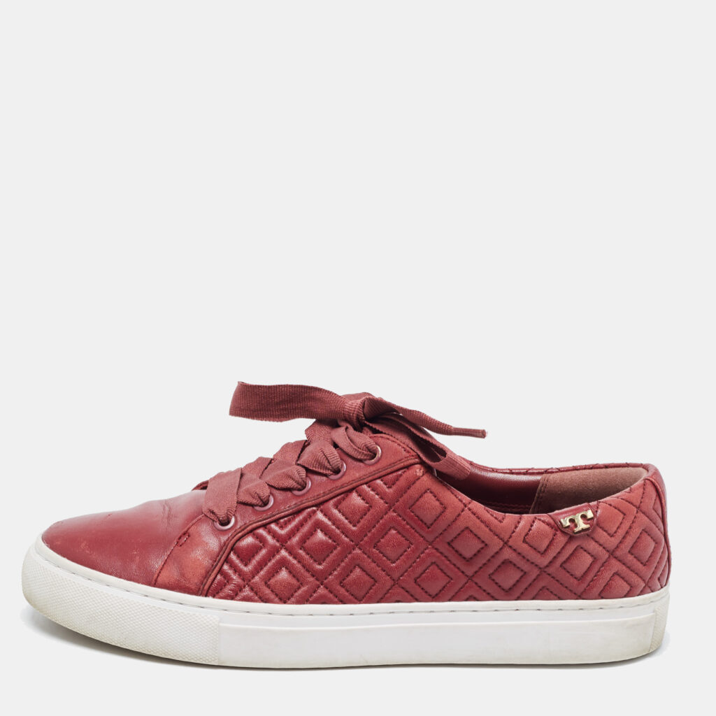 luxury-women-tory-burch-used-shoes-p843724-004 Tory Burch Red Quilted Leather Marion Lace Up Sneakers Size 38